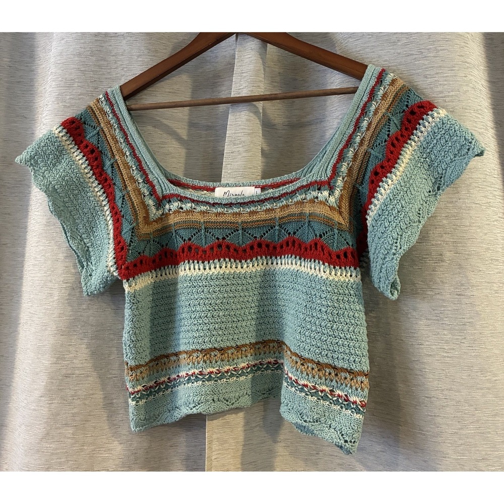 Miracle Colorful Cropped Crochet Pullover Top Sz Large - Picture 2 of 6